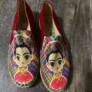 Embroidered Frida Kahlo Espadrille Flats - Red Multicolor